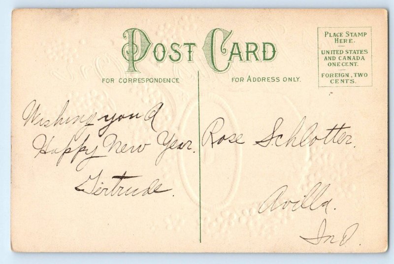 c1910's New Year As Time Rolls On Clock And Flowers Embossed Antique Postcard