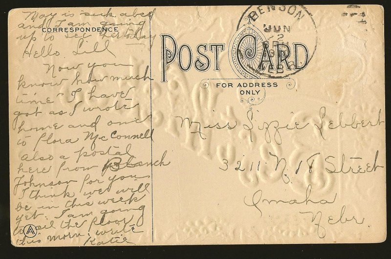 Postmarked 1910 Benson Nebr Best Wishes From Embossed Color Postcard