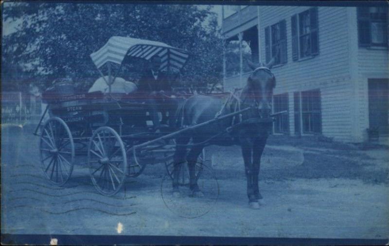 Leominster MA Steam Laundry Wagon c1907 Cyanotype Real Photo Postcard spg