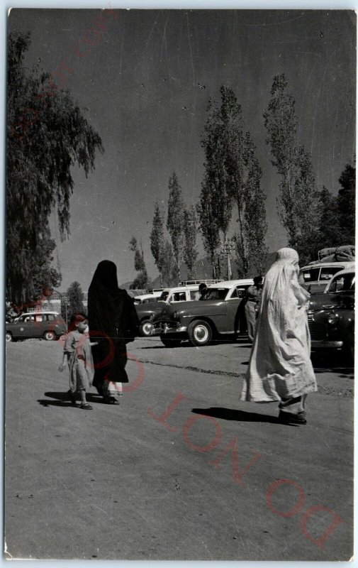 c1950s Karachi, Pakistan RPPC Women in Veil Hijab Real Photo Girl Child Car A150