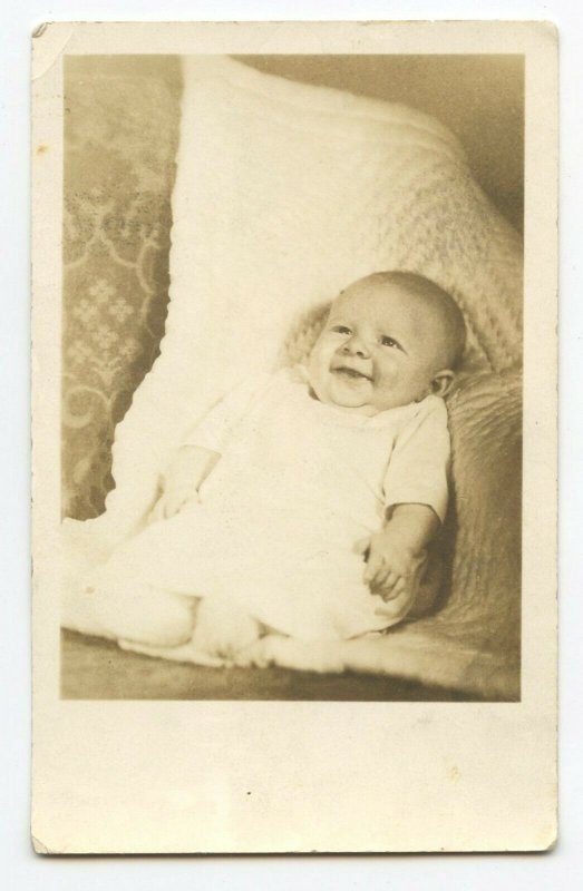 Postcard Young Smiling Baby on Blanket RPPC Standard View Card