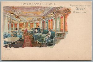 HAMBURG AMERIKA LINIE SHIP SS BLUCHER DAMEN SALON ANTIQUE POSTCARD