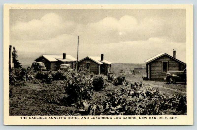 New Carlisle PQ~1940s Cars Parked Between Garden & Annett's Hotel~Log Cabins~PC 