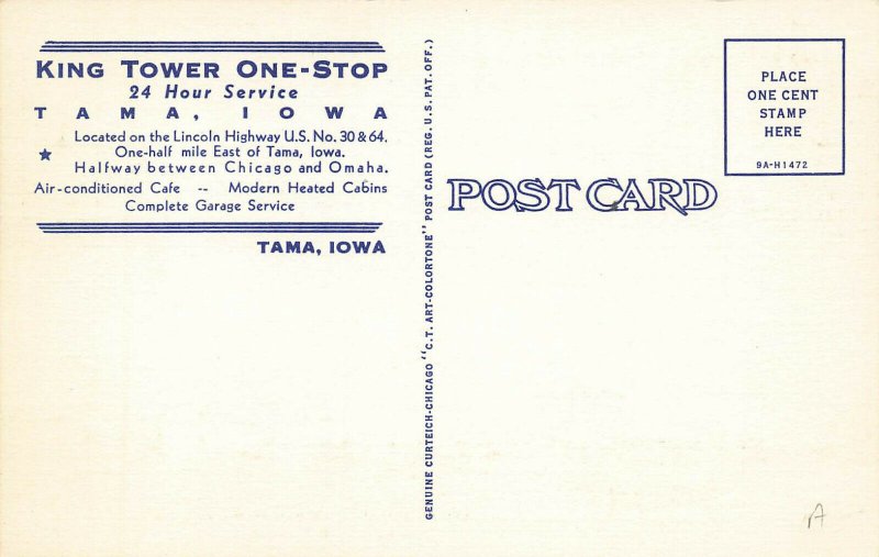 Tama IA King Tower Gas Station Cafe Cabins Multi-View Linen Postcard