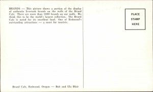 Redmond Oregon OR Brand Caf� Restaurant Table Jukebox c1950s-60s Postcard