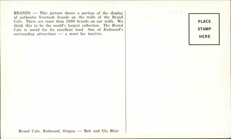 Redmond Oregon OR Brand Caf� Restaurant Table Jukebox c1950s-60s Postcard