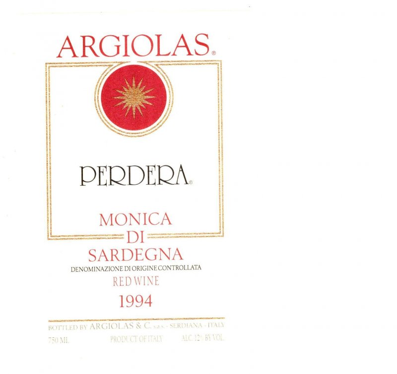 Argiolas Perdera Monica di Sardegna 1994 Red, Original Vintage Wine Bottle Label