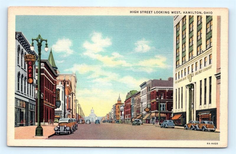 Postcard OH Hamilton High Street Looking West Vintage Linen K16