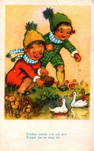 Two Cute Kids With Ducks Vintage Postcard 09.88