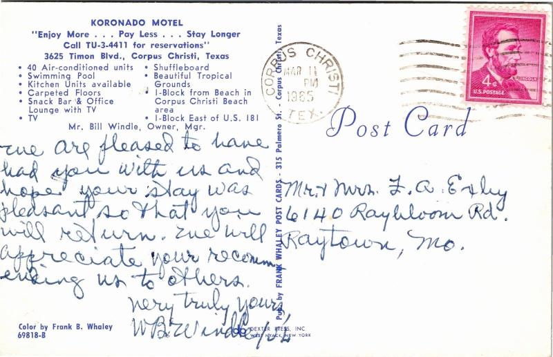 Koronado Kourts Motel Corpus Christi TX c1965 Vintage Postcard M03