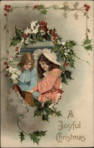 Winsch Christmas Pretty Little Girls Bonnet Picnic Basket c1910 Postcard