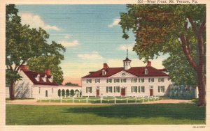 Vintage Postcard 1943 Washington's Mansion House West Front Mt. Vernon Virginia