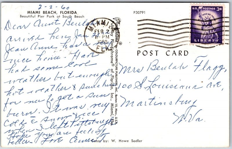 1960's Beautiful Pier Park At South Beach Miami Beach Florida FL Posted Postcard