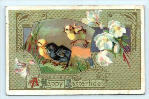 c1910 Embossed Happy Eastertide Postcard Chicks Art Nouveau Gilt Easter Vtg A195