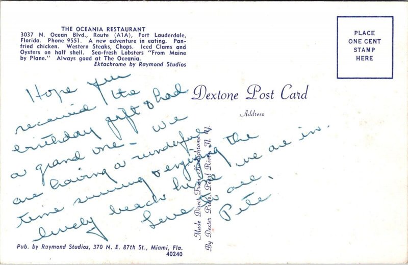 The Oceania Restaurant, Ocean Blvd Fort Lauderdale FL Vintage Postcard T56