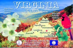 VIRGINIA Map Postcard - The Old Dominion State -  State Symbols