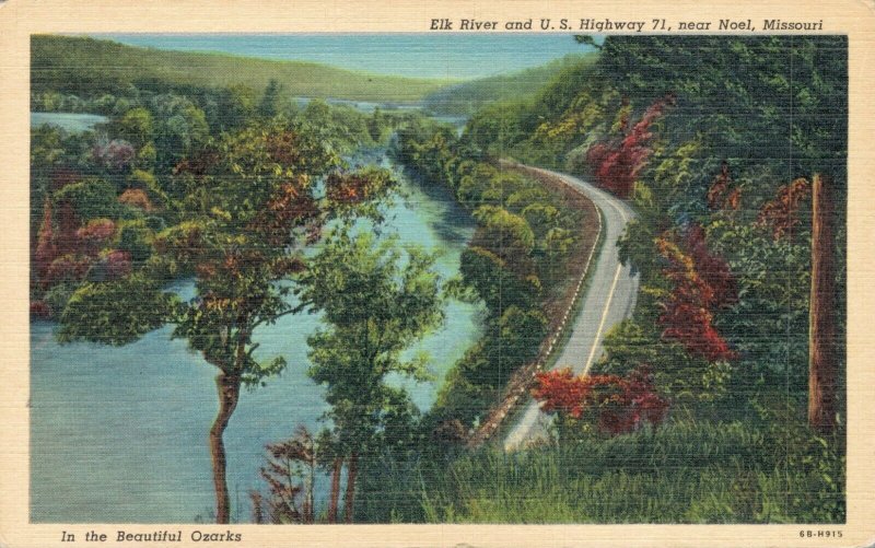 USA Elk River and US Highway 71 Near Noel Missouri Linen Postcard 07.69