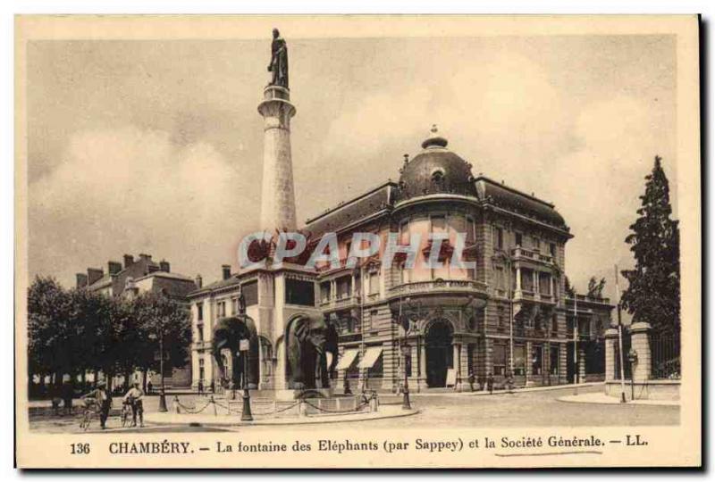 Old Postcard Bank Chambery Fountain of Elephants The Societe Generale