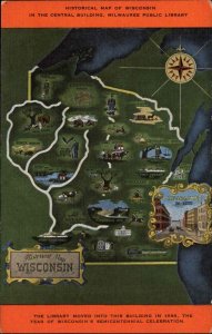 Wisconsin WI Historical Map Milwaukee Public Library Mural Vintage Postcard