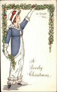Christmas Stecher Ser 416A Pretty Woman in Blue c1910 Vintage Postcard