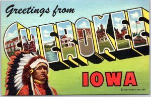 Greetings From Cherokee Iowa IA Large Letter Sioux Indian Landmarks Postcard