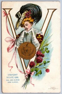 K45/ Interesting Postcard Vermont State Girl Flowers Seal Platinachrome 526