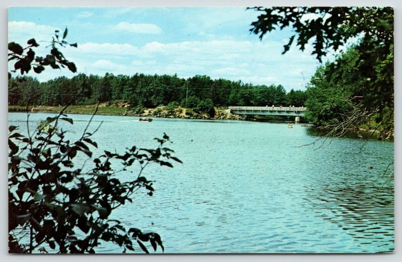 Crivitz Wisconsin~Fishermen on Twin Bridge over Peshtigo River~Motor Boat~1958 