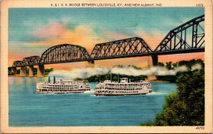 New Albany Indiana Louisville Kentucky Bridge Linen Cancel WOB Postcard