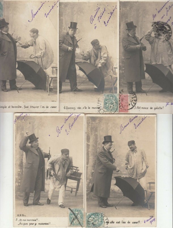 Set 5 early postcards men & umbrella sceneries