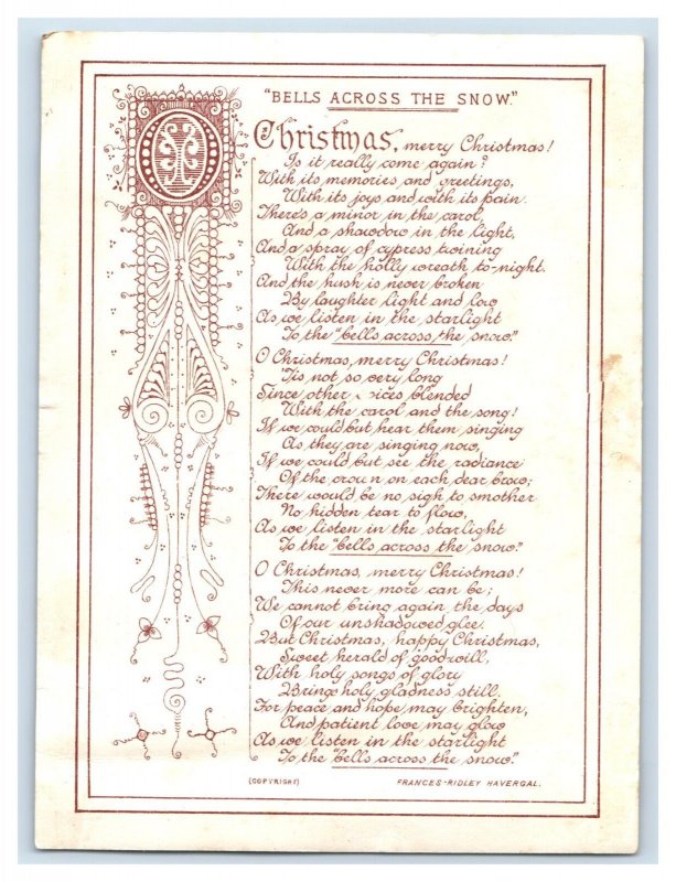 1880s Victorian Christmas Card Bells Across The Snow Poem Fab! #B