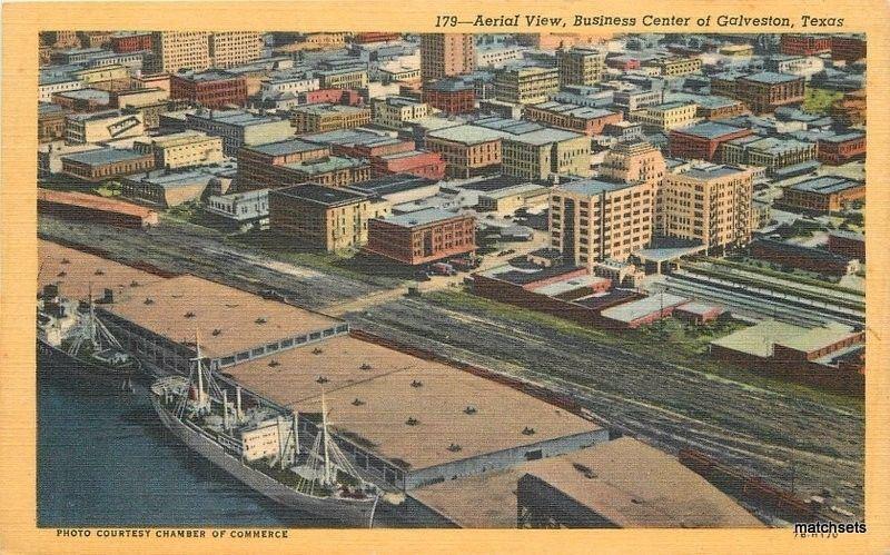 1940s Aerial View Business Section Galveston Texas Teich linen postcard 2214