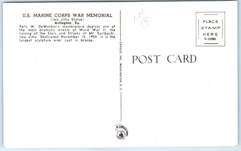 Postcard - U. S. Marine Corps War Memorial, Arlington, Virginia, USA