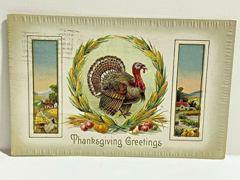 Vintage Postcard Thanksgiving Embossed Turkey Corn Farm Cottage ca. 1910