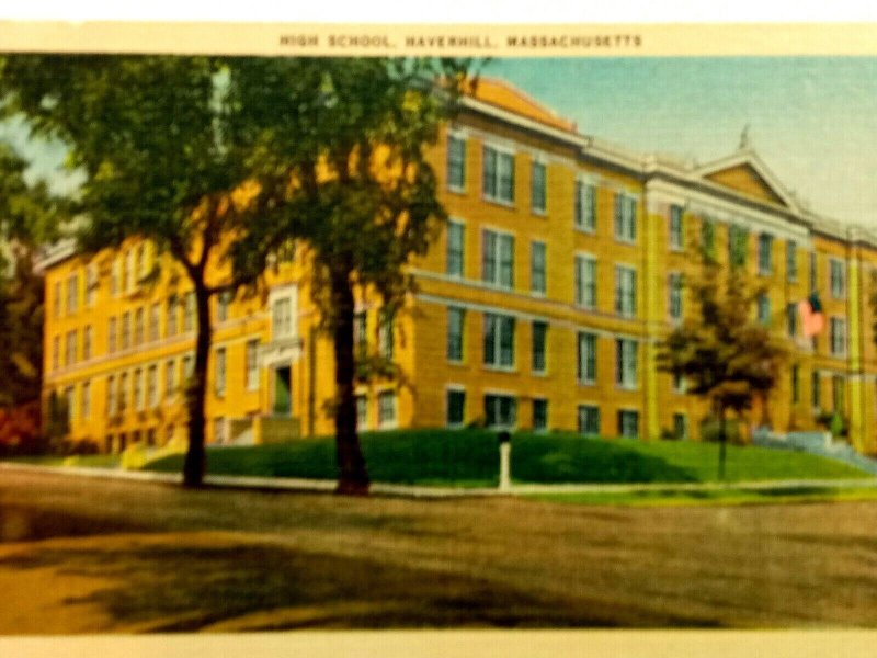 Vintage Postcard 1930's High School Haverhill MA Massachusetts Linen