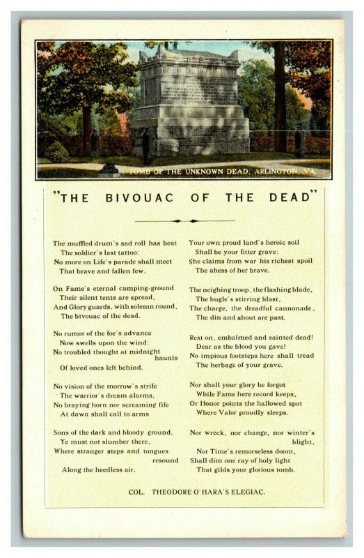 Vintage 1920's Postcard Bivouac of the Dead Poem - Tomb Unknown Soldier Virginia