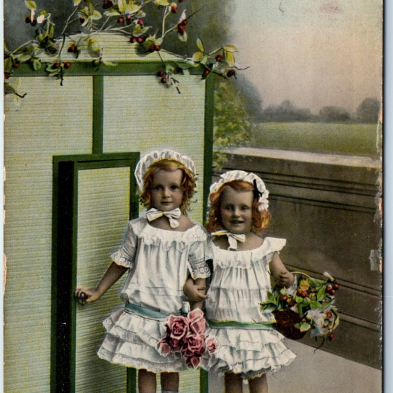 c1900s Adorable Blonde Little Girls RPPC Cute Flower Kids Gel Real Photo PC A136