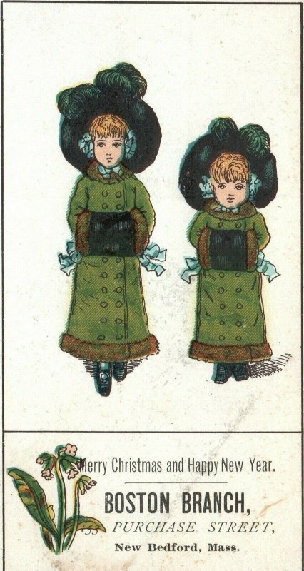 1880s-90s Two Young Girls in Long Coats & Hand Warmers Boston Branch Trade Card