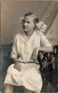 Minnesota Family RPPC  Girl White Hair Bow Crossed Eye Studio Postcard W1