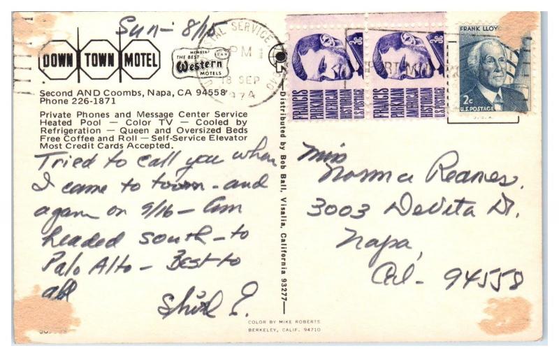 1974 Down Town Motel, Napa, CA Postcard