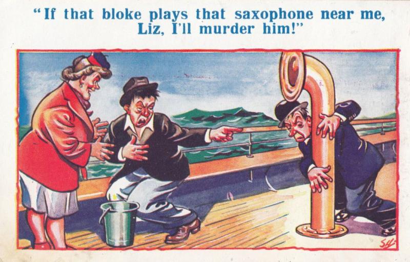 Saxophone Played On Ship Funnel Boat Seasick Old Comic Humour Postcard