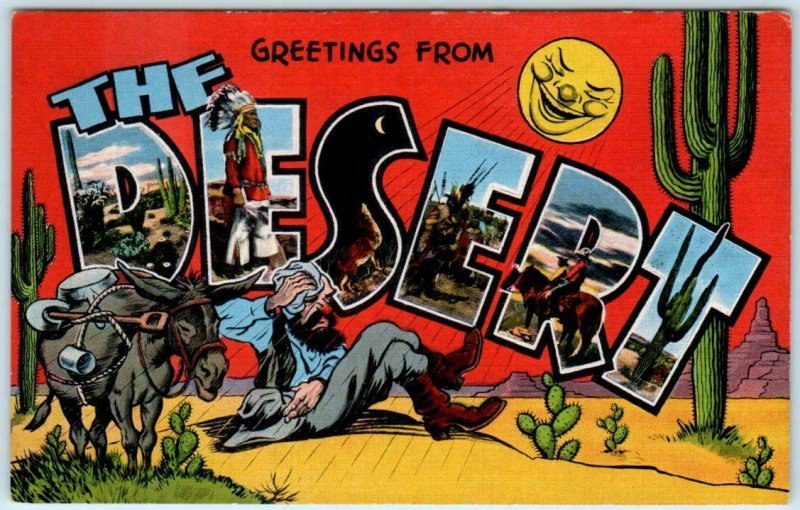 Large Letter Linen THE DESERT Prospector & Mule ~  Kropp c1940s Postcard