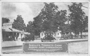 SHEILD'S TOURIST CAMP NEAR PETERSBURG VIRGINIA GAS STATION POSTCARD 1935
