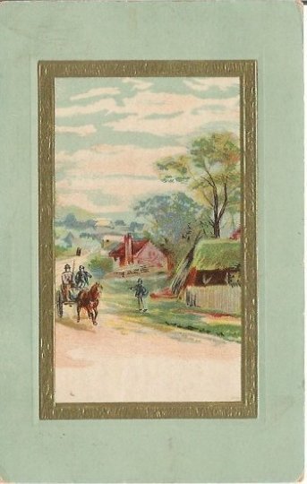 Country Scene Horse Drawn Carriage driving past Cottage Sea Foam Green Frame