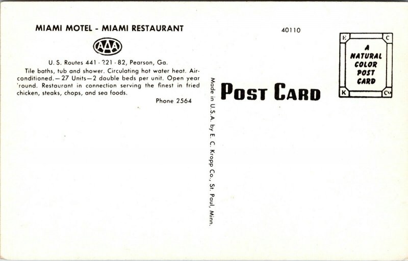 Postcard Miami Motel and Restaurant in Pearson, Georgia~132347