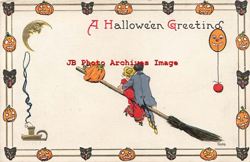 329687-Halloween, Bergman No 9076-6, Couple Riding a JOL Head Broom