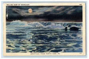 1941 Rolling Surf By Moonlight, Greetings from North East PA Vintage Postcard 