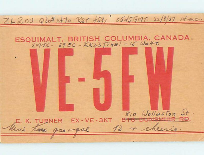 1930s QSL RADIO CARD Vancouver Island British Columbia BC AH3156