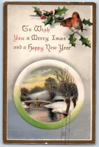 Christmas New Year Postcard Song Birds Berries Winter Scene Embossed c1910's