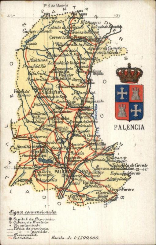 Palencia Spain Detailed Road Map c1910 Postcard