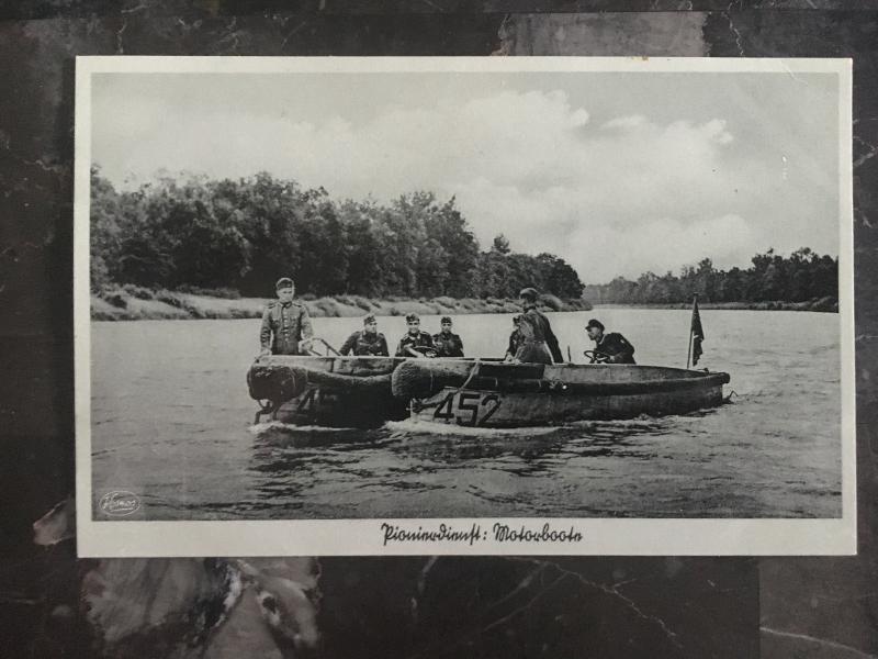 Mint WW2 RPPC Postcard Germany Army Wehrmacht Soldiers Crossing River Speedboat